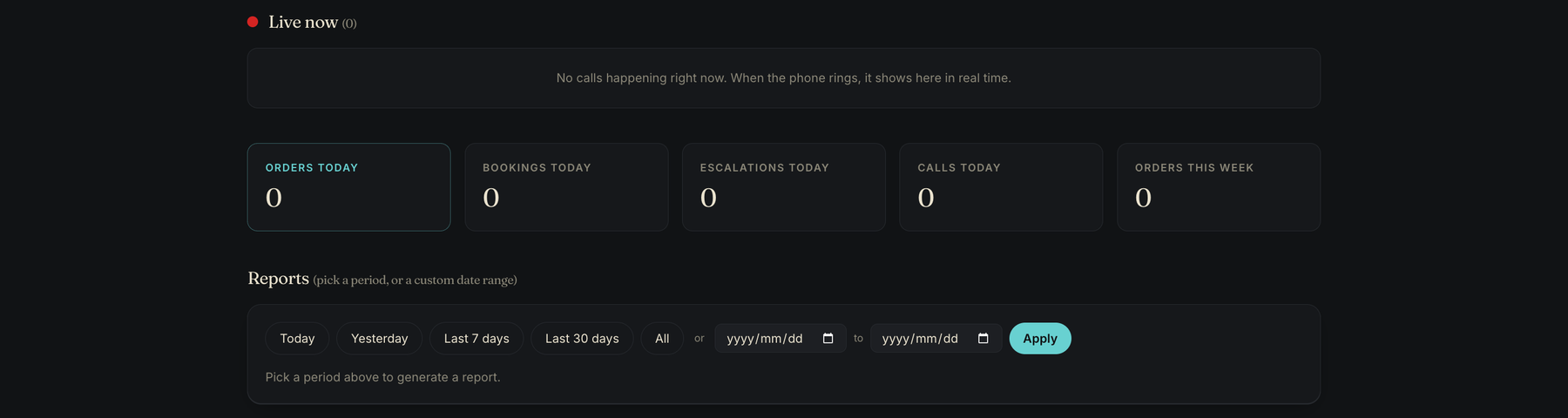 The Receva dashboard: live calls, today's orders, bookings and escalations, and on-demand reports